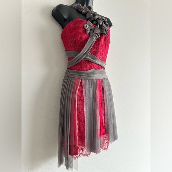 BCBGMAXAZRIA Runway Red Lace & Gray Mesh Ribbon Dress Limited Edition Size 2 NWT - Picture 4 of 10